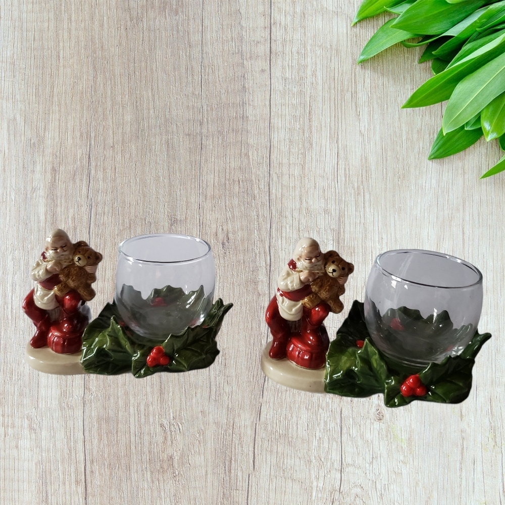 Gibson otagiri santa claus teddy bear figurine candle holder set of 2